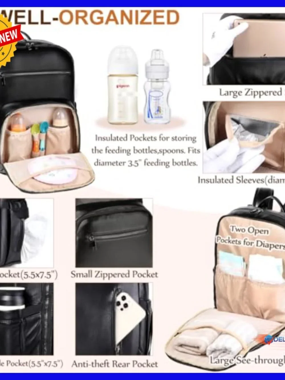Large Vegan Leather Diaper Backpack with Changing Pad, Laptop Sleeve, Insulated